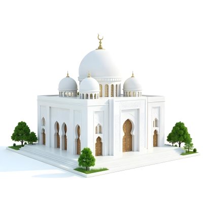 A 3d Model Of A Mosque With A Large White Dome White Walls And Intricate Geometric Patterns Surrounded By Small Green Trees And Bushes Isolated On White Background 15 A1ab