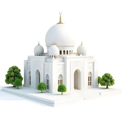 A 3d Model Of A Mosque With A Large White Dome White Walls And Intricate Geometric Patterns Surrounded By Small Green Trees And Bushes Isolated On White Background 18 A04f