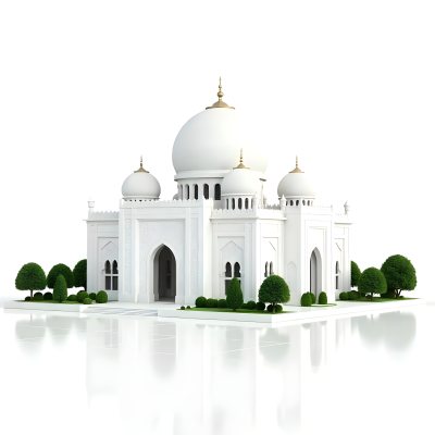 A 3d Model Of A Mosque With A Large White Dome White Walls And Intricate Geometric Patterns Surrounded By Small Green Trees And Bushes Isolated On White Background 2 0127