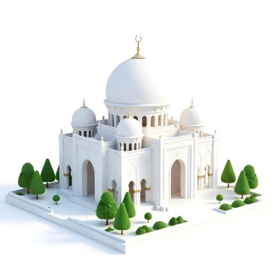 A 3d Model Of A Mosque With A Large White Dome White Walls And Intricate Geometric Patterns Surrounded By Small Green Trees And Bushes Isolated On White Background 21 70a0