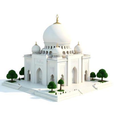 A 3d Model Of A Mosque With A Large White Dome White Walls And Intricate Geometric Patterns Surrounded By Small Green Trees And Bushes Isolated On White Background 22 Ba47