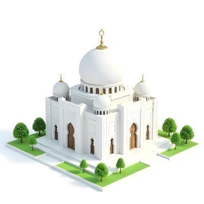 A 3d Model Of A Mosque With A Large White Dome White Walls And Intricate Geometric Patterns Surrounded By Small Green Trees And Bushes Isolated On White Background 28 7677
