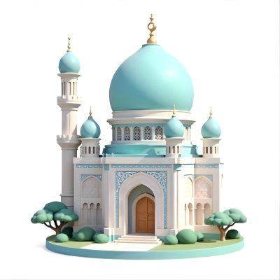 A 3d Model Of A Mosque With A Large White Dome White Walls And Intricate Geometric Patterns Surrounded By Small Green Trees And Bushes Isolated On White Background 3 848e