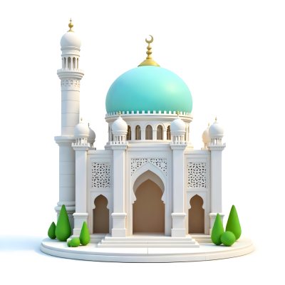 A 3d Model Of A Mosque With A Large White Dome White Walls And Intricate Geometric Patterns Surrounded By Small Green Trees And Bushes Isolated On White Background 4 07b8