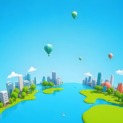 A Cartoon City With Tall Buildings Green Trees And A Green River With A Blue Sky Background And A Hot Air Balloon 10 F6f4