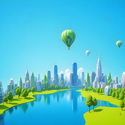 A Cartoon City With Tall Buildings Green Trees And A Green River With A Blue Sky Background And A Hot Air Balloon 12 A1fd