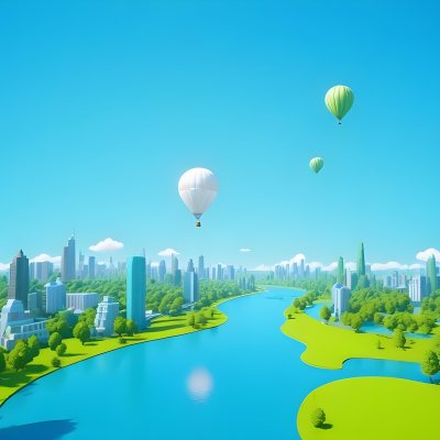 A Cartoon City With Tall Buildings Green Trees And A Green River With A Blue Sky Background And A Hot Air Balloon 16 48b8