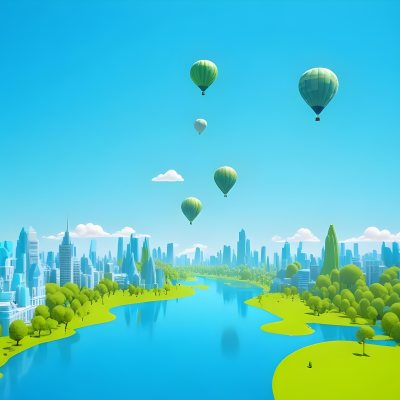 A Cartoon City With Tall Buildings Green Trees And A Green River With A Blue Sky Background And A Hot Air Balloon 18 D61a