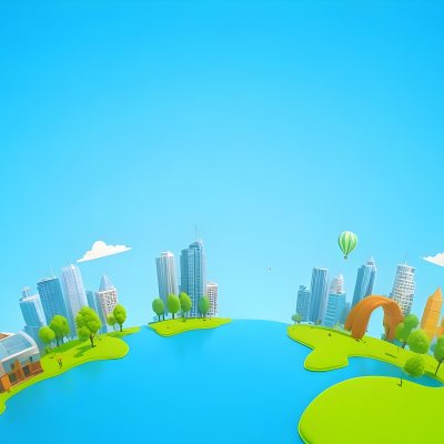 A Cartoon City With Tall Buildings Green Trees And A Green River With A Blue Sky Background And A Hot Air Balloon 19 40f7