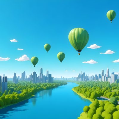 A Cartoon City With Tall Buildings Green Trees And A Green River With A Blue Sky Background And A Hot Air Balloon 2 75b3