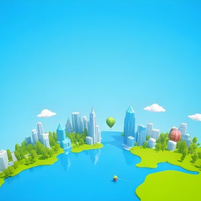 A Cartoon City With Tall Buildings Green Trees And A Green River With A Blue Sky Background And A Hot Air Balloon 20 E54a