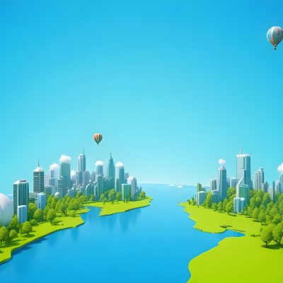 A Cartoon City With Tall Buildings Green Trees And A Green River With A Blue Sky Background And A Hot Air Balloon 22 E600