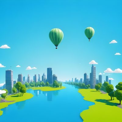 A Cartoon City With Tall Buildings Green Trees And A Green River With A Blue Sky Background And A Hot Air Balloon 3 0aab
