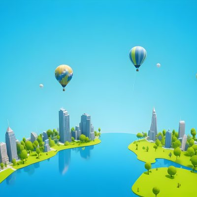 A Cartoon City With Tall Buildings Green Trees And A Green River With A Blue Sky Background And A Hot Air Balloon 4 A589