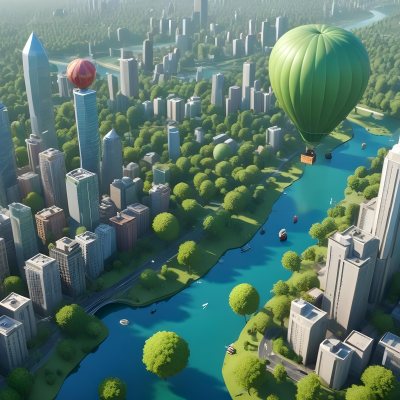 A Cartoon City With Tall Buildings Green Trees And A Green River With A Blue Sky Background And A Hot Air Balloon 6 6da7