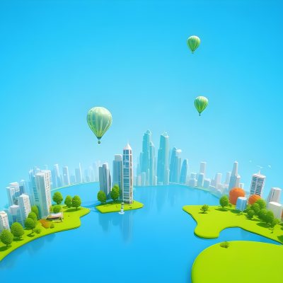 A Cartoon City With Tall Buildings Green Trees And A Green River With A Blue Sky Background And A Hot Air Balloon 9 B2c7