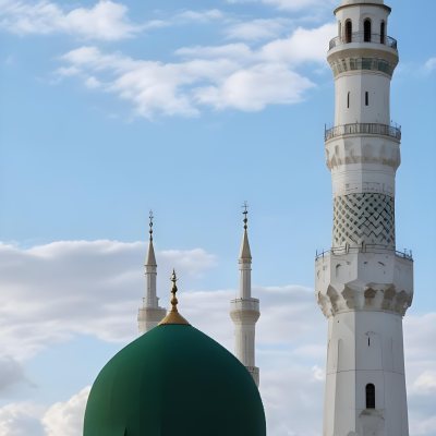 A Green Domed Mosque With A Tall Minaret Against A Blue Sky With Clouds 1 3e26