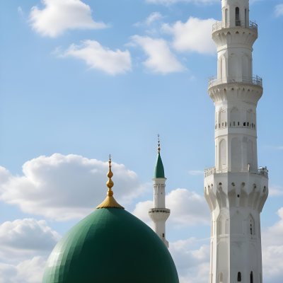 A Green Domed Mosque With A Tall Minaret Against A Blue Sky With Clouds 3 Eb33