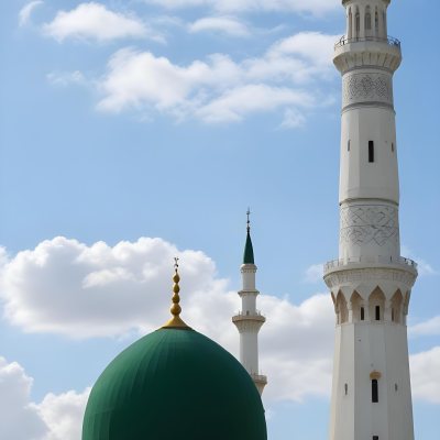 A Green Domed Mosque With A Tall Minaret Against A Blue Sky With Clouds 4 Eb45