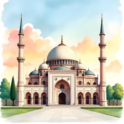 A Mosque With A Large Dome And Minarets Painted In Watercolor Style With A Colorful Sky And Clouds In The Background 14 66af