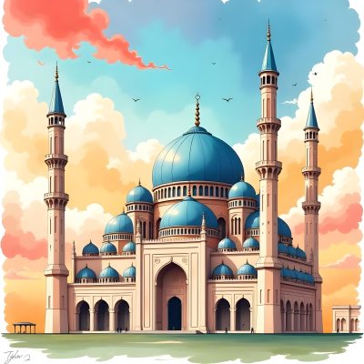 A Mosque With A Large Dome And Minarets Painted In Watercolor Style With A Colorful Sky And Clouds In The Background 17 1e43