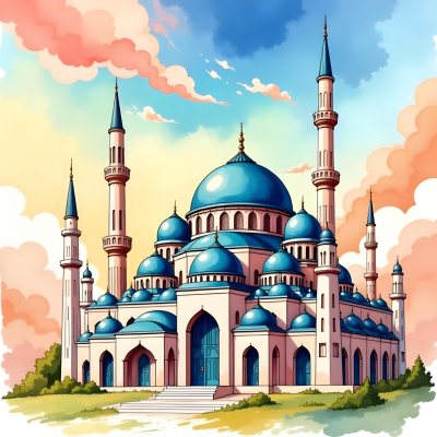 A Mosque With A Large Dome And Minarets Painted In Watercolor Style With A Colorful Sky And Clouds In The Background 19 Baf2