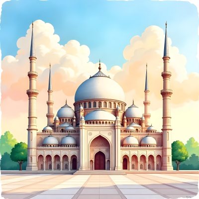 A Mosque With A Large Dome And Minarets Painted In Watercolor Style With A Colorful Sky And Clouds In The Background 2 Dc3f