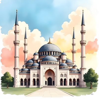 A Mosque With A Large Dome And Minarets Painted In Watercolor Style With A Colorful Sky And Clouds In The Background 20 A687