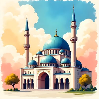 A Mosque With A Large Dome And Minarets Painted In Watercolor Style With A Colorful Sky And Clouds In The Background 21 Aad1