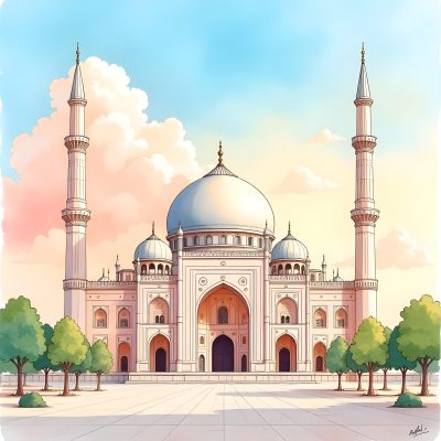 A Mosque With A Large Dome And Minarets Painted In Watercolor Style With A Colorful Sky And Clouds In The Background 3 5d3d