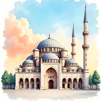 A Mosque With A Large Dome And Minarets Painted In Watercolor Style With A Colorful Sky And Clouds In The Background 5 A193