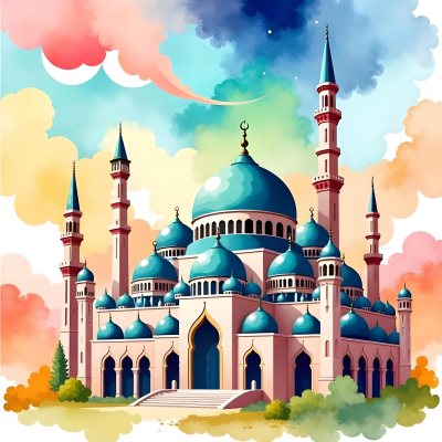 A Mosque With A Large Dome And Minarets Painted In Watercolor Style With A Colorful Sky And Clouds In The Background 7 D27a