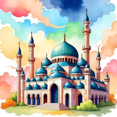 A Mosque With A Large Dome And Minarets Painted In Watercolor Style With A Colorful Sky And Clouds In The Background 9 C7bb