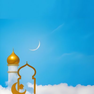 Dark And Mysterious A Golden Crescent Moon And A Golden Domed Building Against A Bright Blue Sky With Clouds Dark Shadows And Fog Blurred Neo Expressionism 1 D0a5