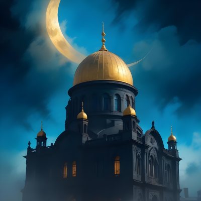 Dark And Mysterious A Golden Crescent Moon And A Golden Domed Building Against A Bright Blue Sky With Clouds Dark Shadows And Fog Blurred Neo Expressionism 11 89ad