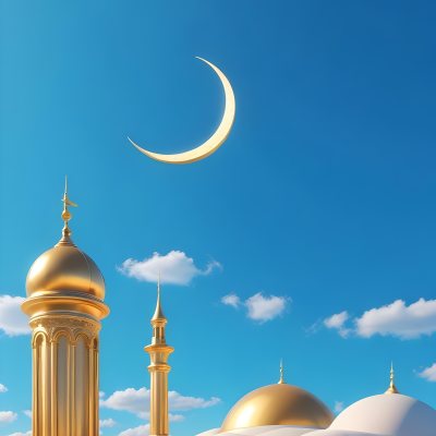 Dark And Mysterious A Golden Crescent Moon And A Golden Domed Building Against A Bright Blue Sky With Clouds Dark Shadows And Fog Blurred Neo Expressionism 13 13b4