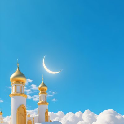 Dark And Mysterious A Golden Crescent Moon And A Golden Domed Building Against A Bright Blue Sky With Clouds Dark Shadows And Fog Blurred Neo Expressionism 14 0ac3