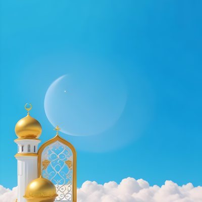 Dark And Mysterious A Golden Crescent Moon And A Golden Domed Building Against A Bright Blue Sky With Clouds Dark Shadows And Fog Blurred Neo Expressionism 17 E663
