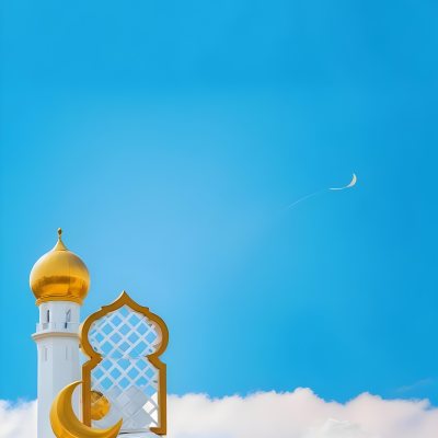Dark And Mysterious A Golden Crescent Moon And A Golden Domed Building Against A Bright Blue Sky With Clouds Dark Shadows And Fog Blurred Neo Expressionism 20 Aa66