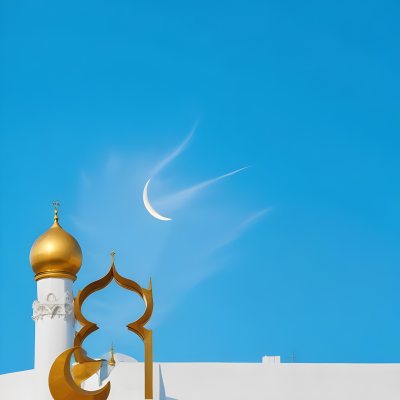 Dark And Mysterious A Golden Crescent Moon And A Golden Domed Building Against A Bright Blue Sky With Clouds Dark Shadows And Fog Blurred Neo Expressionism 22 A43e