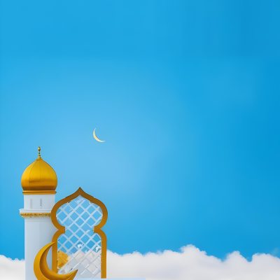Dark And Mysterious A Golden Crescent Moon And A Golden Domed Building Against A Bright Blue Sky With Clouds Dark Shadows And Fog Blurred Neo Expressionism 3 87d6