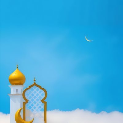 Dark And Mysterious A Golden Crescent Moon And A Golden Domed Building Against A Bright Blue Sky With Clouds Dark Shadows And Fog Blurred Neo Expressionism 4 76f9