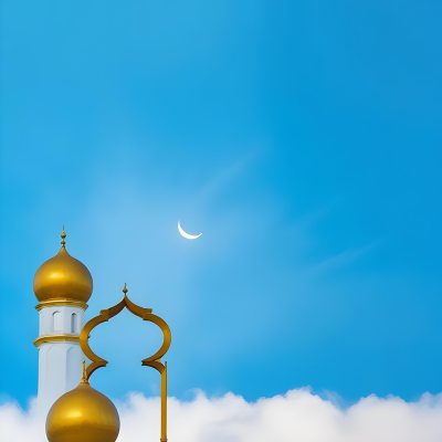 Dark And Mysterious A Golden Crescent Moon And A Golden Domed Building Against A Bright Blue Sky With Clouds Dark Shadows And Fog Blurred Neo Expressionism 5 00f1