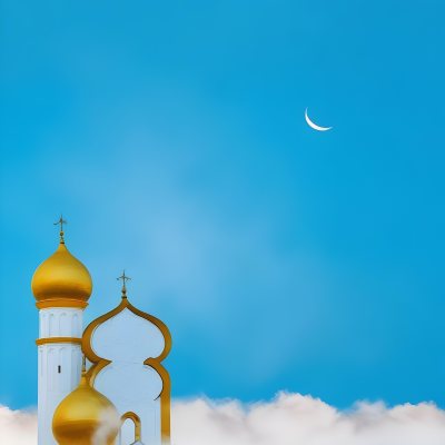 Dark And Mysterious A Golden Crescent Moon And A Golden Domed Building Against A Bright Blue Sky With Clouds Dark Shadows And Fog Blurred Neo Expressionism 6 A5f5
