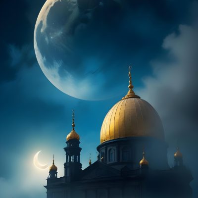 Dark And Mysterious A Golden Crescent Moon And A Golden Domed Building Against A Bright Blue Sky With Clouds Dark Shadows And Fog Blurred Neo Expressionism 8 89a0