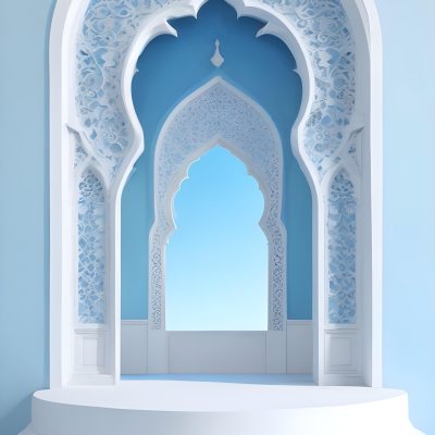 Digital Painting A Large Ornate Arched Window With Intricate Islamic Style Patterns And Designs Framing A Bright Blue Sky In The Background Bold And Slim Lines Brush Strokes 1 592b