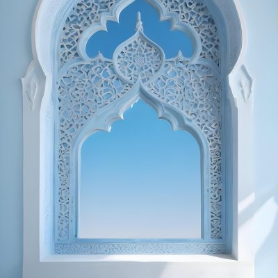 Digital Painting A Large Ornate Arched Window With Intricate Islamic Style Patterns And Designs Framing A Bright Blue Sky In The Background Bold And Slim Lines Brush Strokes 10 5092