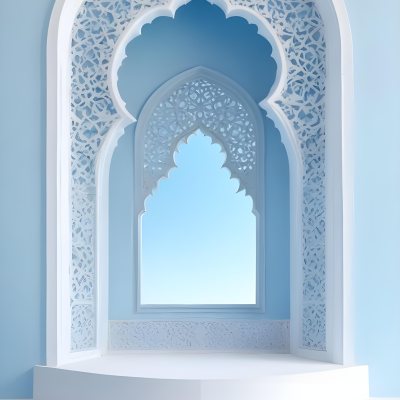 Digital Painting A Large Ornate Arched Window With Intricate Islamic Style Patterns And Designs Framing A Bright Blue Sky In The Background Bold And Slim Lines Brush Strokes 11 337b