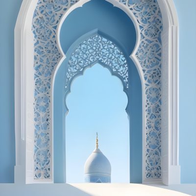 Digital Painting A Large Ornate Arched Window With Intricate Islamic Style Patterns And Designs Framing A Bright Blue Sky In The Background Bold And Slim Lines Brush Strokes 12 0119