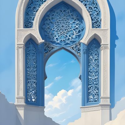 Digital Painting A Large Ornate Arched Window With Intricate Islamic Style Patterns And Designs Framing A Bright Blue Sky In The Background Bold And Slim Lines Brush Strokes 2 5bd5